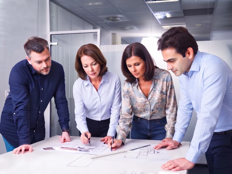 Grupo de ingenieros delante de un plano
